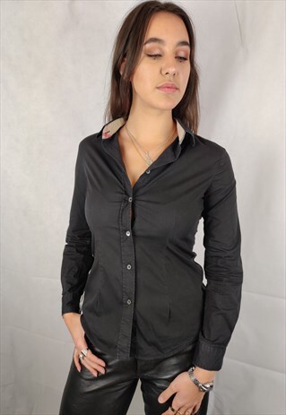 VINTAGE SHIRT BURBERRY NOVA CHECK ON COLLAR BLACK