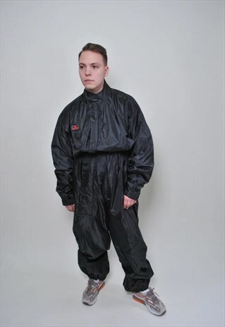 ONE PIECE WINDBREAKER SUIT, VINTAGE MEN BLACK RAIN SUIT