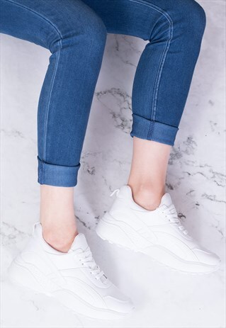 KNEE HIGH FLAT HI TOP TRAINERS IN WHITE LEATHER STYLE-FLAIME