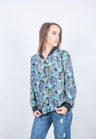 VINTAGE 1980S FESTIVAL BLUE PATTERNED BOMBER JACKET