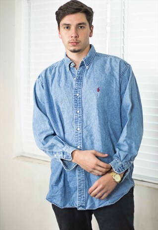 VINTAGE POLO RALPH LAUREN SHIRT DENIM LOGO 90S L 18.8