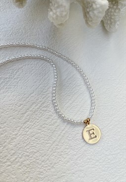 Gold Letter Faux Pearl Initial  E Charm Pendant  Necklace