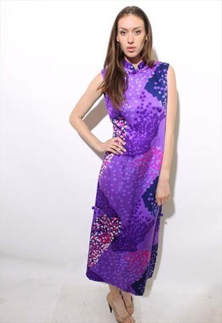 VINTAGE 60S PURPLE HAWAIIAN MAXI DRESS PSYCHEDELIC M-L