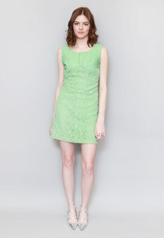 VINTAGE 1960'S PLEATED GREEN LACE MINI DRESS