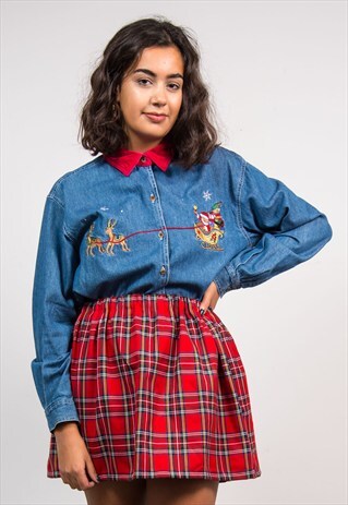 VINTAGE 90'S BLUE DENIM CHRISTMAS VELVET COLLAR SHIRT