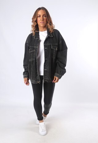 FADED BLACK DENIM JACKET VINTAGE UK 18 - 20 (EAJ)