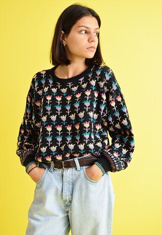 80'S ABSTRACT TULIP PATTERN OVERSIZED MOM KNIT JUMPER