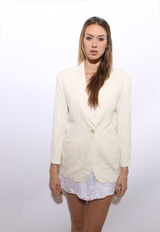 VINTAGE 1980'S 80'S CREAM WOOL OVERSIZE BLAZER JACKET S-M