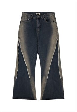 Flared grunge jeans extreme zipper denim pants in blue