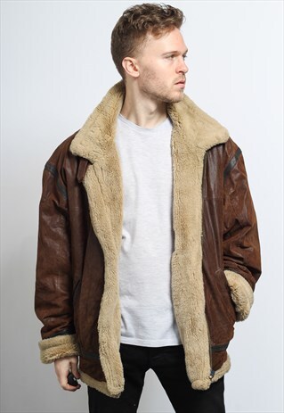 VINTAGE LEATHER AVIATOR FLEECE JACKET COAT