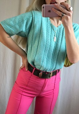 Vintage 90s Turquoise Cotton Ribbed Fine Cable Knit Top