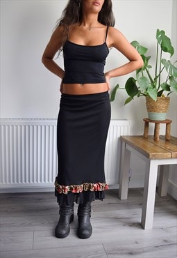 Vintage Y2K Low Rise Midi Skirt with Ruffles Black W30 Boho