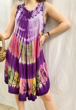 VINTAGE 90S HIPPIE TIE-DYE BOHO FLORAL MIDI FESTIVAL DRESS
