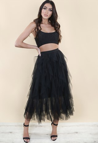 BLACK DRAPED TULLE SKIRT