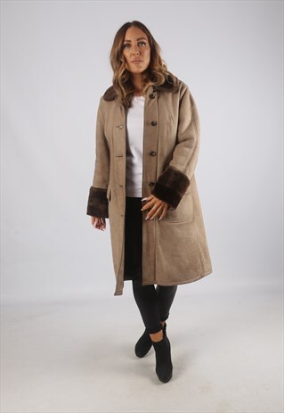 VINTAGE SHEEPSKIN SUEDE SHEARLING COAT MID LONG UK 12 (J9AK)
