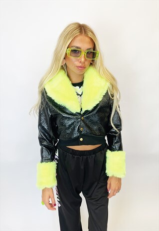 JUNGLECLUB PVC BOMBER JACKET WITH FAUX FUR COLLAR