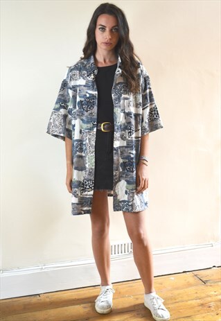 80S VINTAGE GREY & BROWN ABSTRACT PRINT SHORT SLEEVE SHIRT