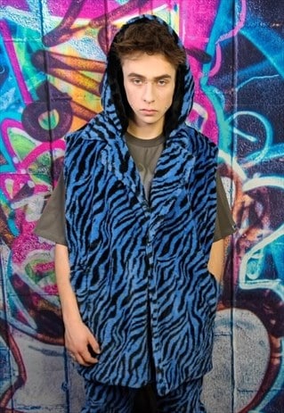 ZEBRA FLEECE GILET HANDMADE SLEEVELESS HOODED VEST JACKET