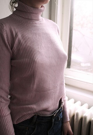 90S SILK-BLEND DUSTY PINK RIBBED TURTLENECK TOP