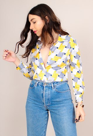 VINTAGE 70S GEOMETRIC PRINT POINTED COLLAR BLOUSE
