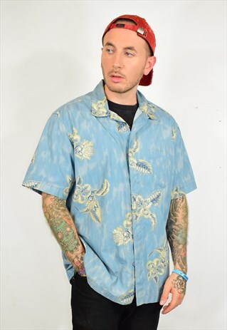 VINTAGE 90S BLUE TROPICAL HAWAIIAN PRINT FESTIVAL SHIRT
