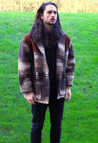 VINTAGE 80S AZTEC SHERPA JACKET - LARGE - FESTIVAL EVEREST