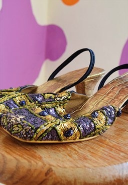 Vintage 80s Slingback Kitten Heels Beaded 