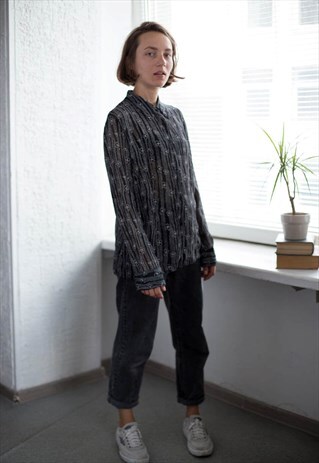 VINTAGE 80'S BLACK PATTERNED TRANSPARENT BLOUSE
