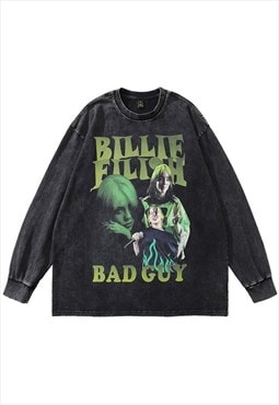 Bad boy t-shirt vintage wash singer print long tee acid grey
