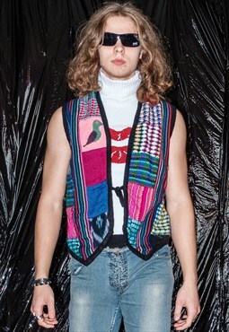 90s Vintage wool art class buttoned gilet in multicolor