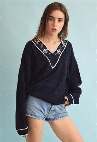90'S RETRO KNIT NAUTICAL OVERSIZED GRANDADS JUMPER TOP