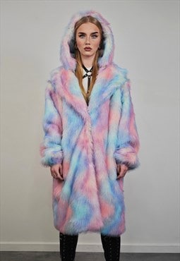Tie-dye coat faux fur pastel pink shaggy trench overcoat 