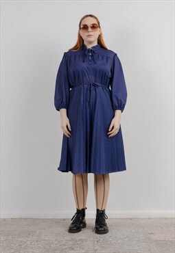 Vintage Long Sleeve Tie Neck Midi Dress in Polka Dot Print L