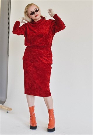 VINTAGE 80S HIGH NECK RED VELVET TWO PIECE SET DRESS M