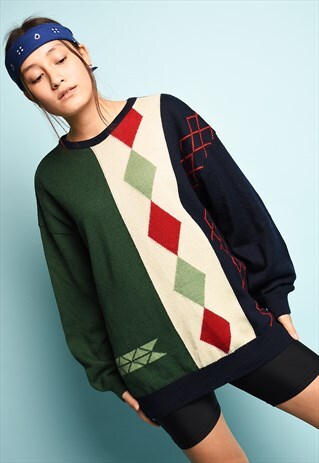 VINTAGE 80'S RETRO ARGYLE PATTERN KNIT OVERSIZED JUMPER