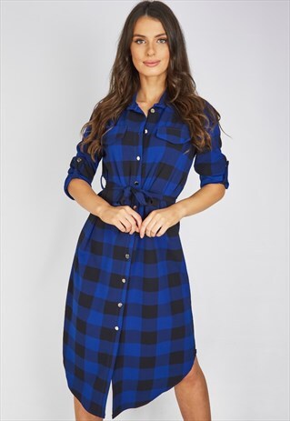 ROYAL CHECK TIE WAIST MIDI SHIRT DRESS