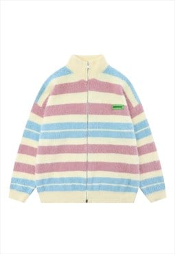 Fluffy track top striped zip up jumper raised neck pullover 