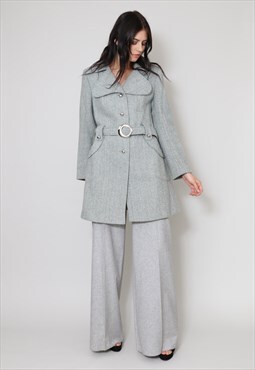 70's Ladies Vintage Coat Jacket Grey Wool Tweed Belted 