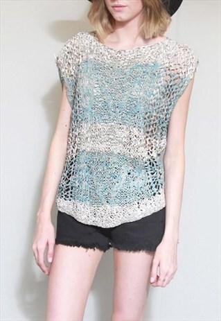 VINTAGE 1980'S PREMIUM BLUE & GREEN WOVEN LEATHER TOP