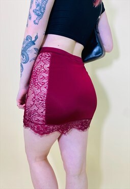 Vintage 00s Y2K 90s Red Lace Cut out Satin Mini Skirt