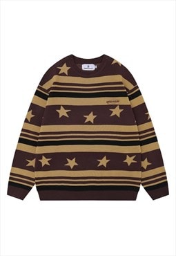70s stripe sweater star print knit jumper skater top brown