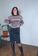 VINTAGE ABSTRACT CHRISTMAS KNITTED BAGGY JUMPER IN GREY PINK