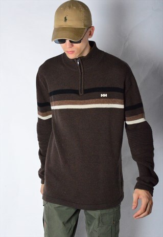 VINTAGE 90S BROWN STRIPED 1/4 ZIPPER WOOL BLEND JUMPER