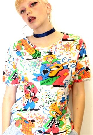 VINTAGE 90S FUN WHITE ORANGE GREEN RED PRINT IT CLOWN TOP