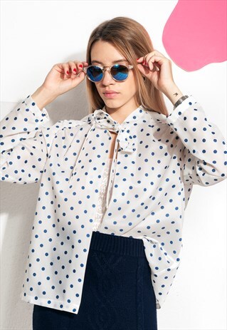 VINTAGE PUSSY BOW BLOUSE 70S POLKA DOT TIE COLLAR OPEN FRONT