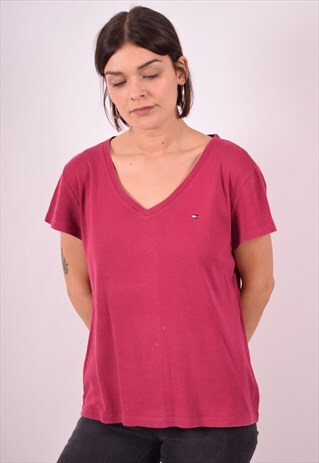 TOMMY HILFIGER WOMENS VINTAGE T-SHIRT TOP XL MAROON 90S