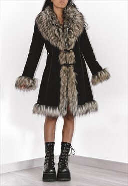 Y2k Black fluffy Faux Fur Trimmed Coat