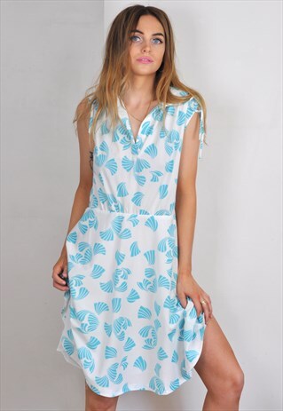 VINTAGE 70S BLUE WHITE NAUTICAL PRINT SLEEVELESS MIDI DRESS