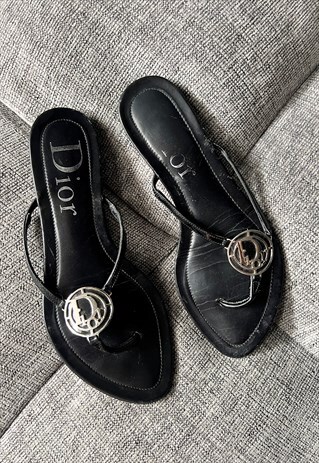 CHRISTIAN DIOR FLIP FLOPS SANDALS BLACK LEATHER LOGO 37 / 4