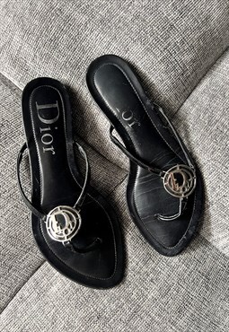 Christian Dior Flip Flops Sandals Black Leather Logo 37 / 4
